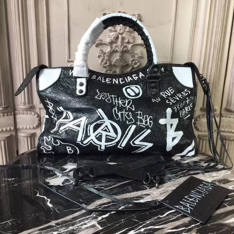 BALENCIAG巴黎世家 Graffiti Classic City30cm機車包 手繪彩色塗鴉  爆裂紋羊皮 手提肩背斜挎包  BL1806